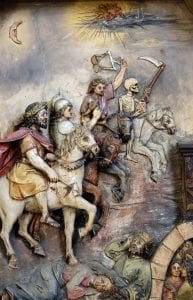The four horsemen of the apocalypse, Saint George altar in the Basilica of the Sacred Heart of Jesus in Zagreb, Croatia.
