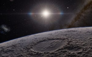 Lunar surface with Sun on the horizon