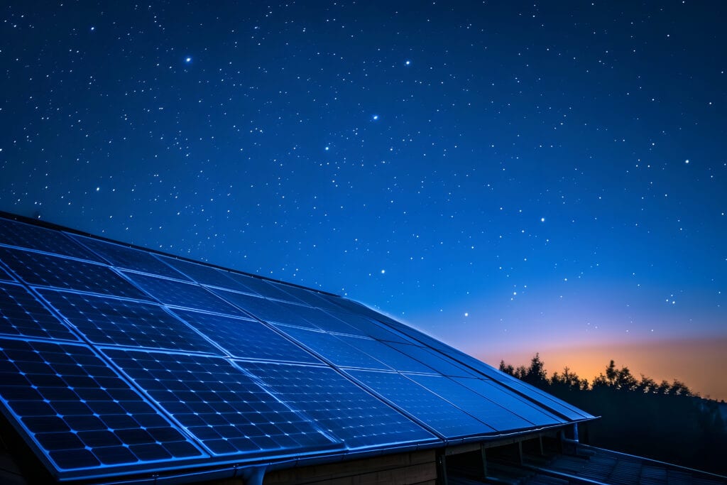 Photovoltaic solar panels at starry summer night.