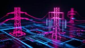 Neon Glow: Abstract Representation of Power Transmission and Electrical Grid Network