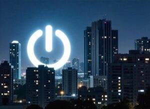 A glowing power symbol with a cityscape in the background.