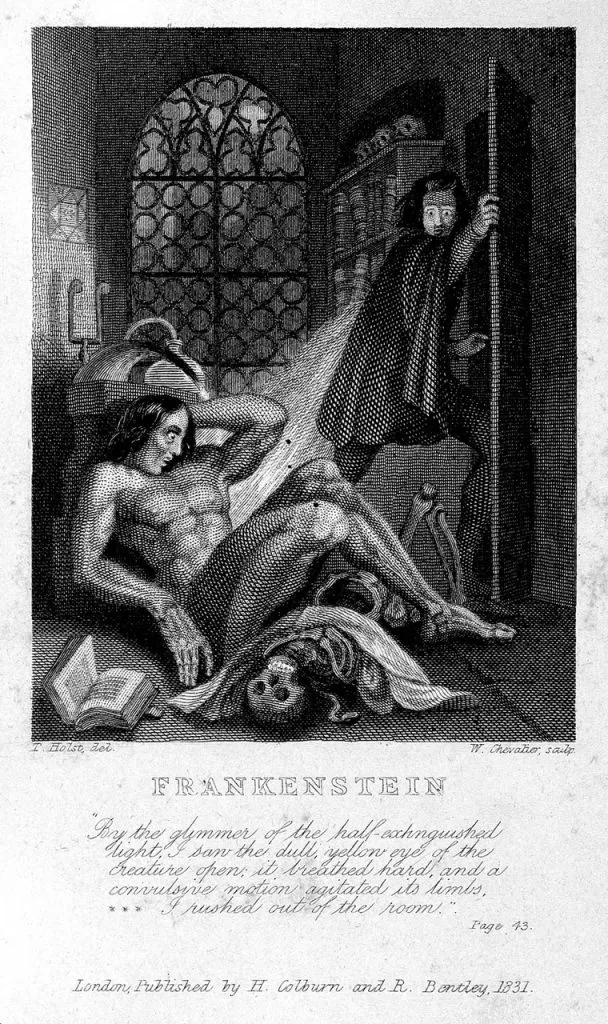 Frankenstein observing the first stirrings of his creature. Engraving by W. Chevalier after Th. von Holst, 1831. Featured as frontispiece to the 1831 edition of Shelley’s novel