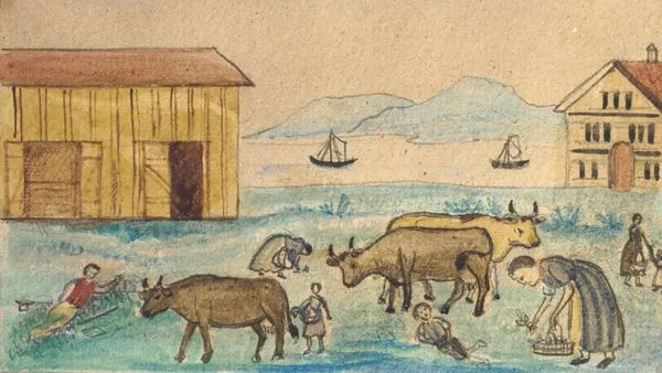 Depiction of people eating grass due to hunger, most likely during the 1816–17 famine in Switzerland. Artist unknown though likely to be Swiss artist Anna Barbara Giezendanner (1831–1905)