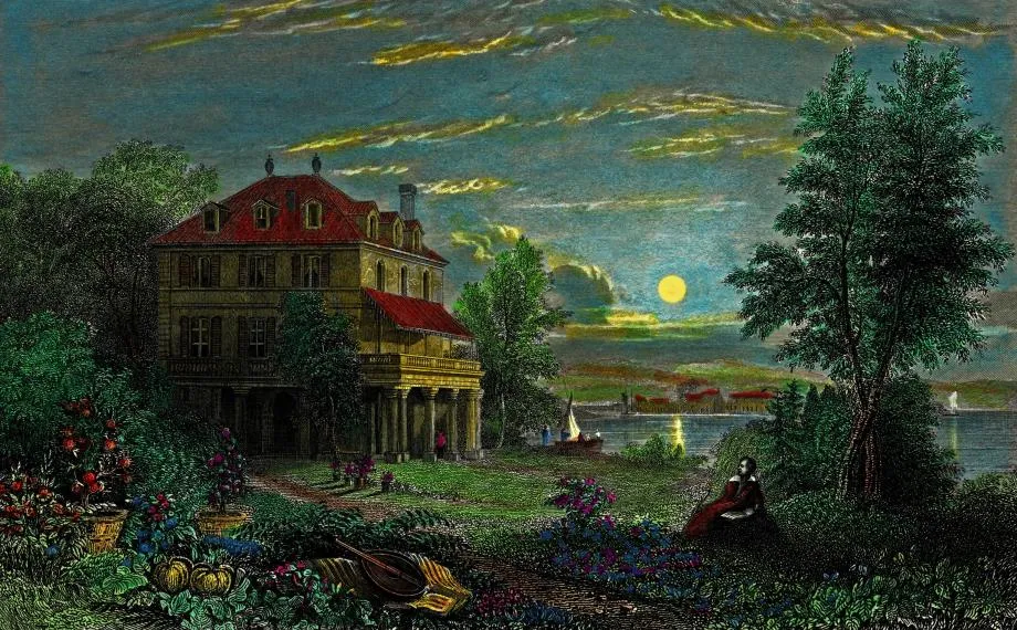 Detail from a hand-colored engraving of Byron's Villa Diodati on the shores of Lake Geneva, by Edward Francis Finden, ca. 1833, after a drawing by William Purser