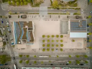 Aerial view of buildings with solar panels