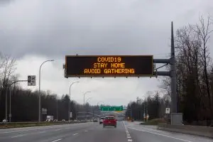 Coronavirus Sign and message to Stay Home on a Trans-Canada Highway.