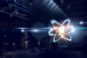 Atom molecule in dark interior as science concept. 3d rendering