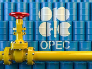 Oil pipe line valve in front of the barrels with OPEC siymbol. 3d illustration