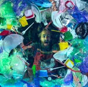 Man drowning in water under plastic bottles and packs filling world ocean killing people. 