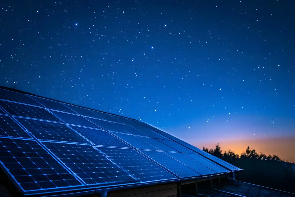 Photovoltaic solar panels at starry summer night.
