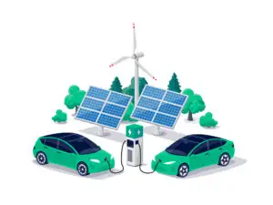 Electric cars charging on parking lot area with fast supercharger station stall.