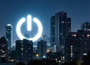 A glowing power symbol with a cityscape in the background.