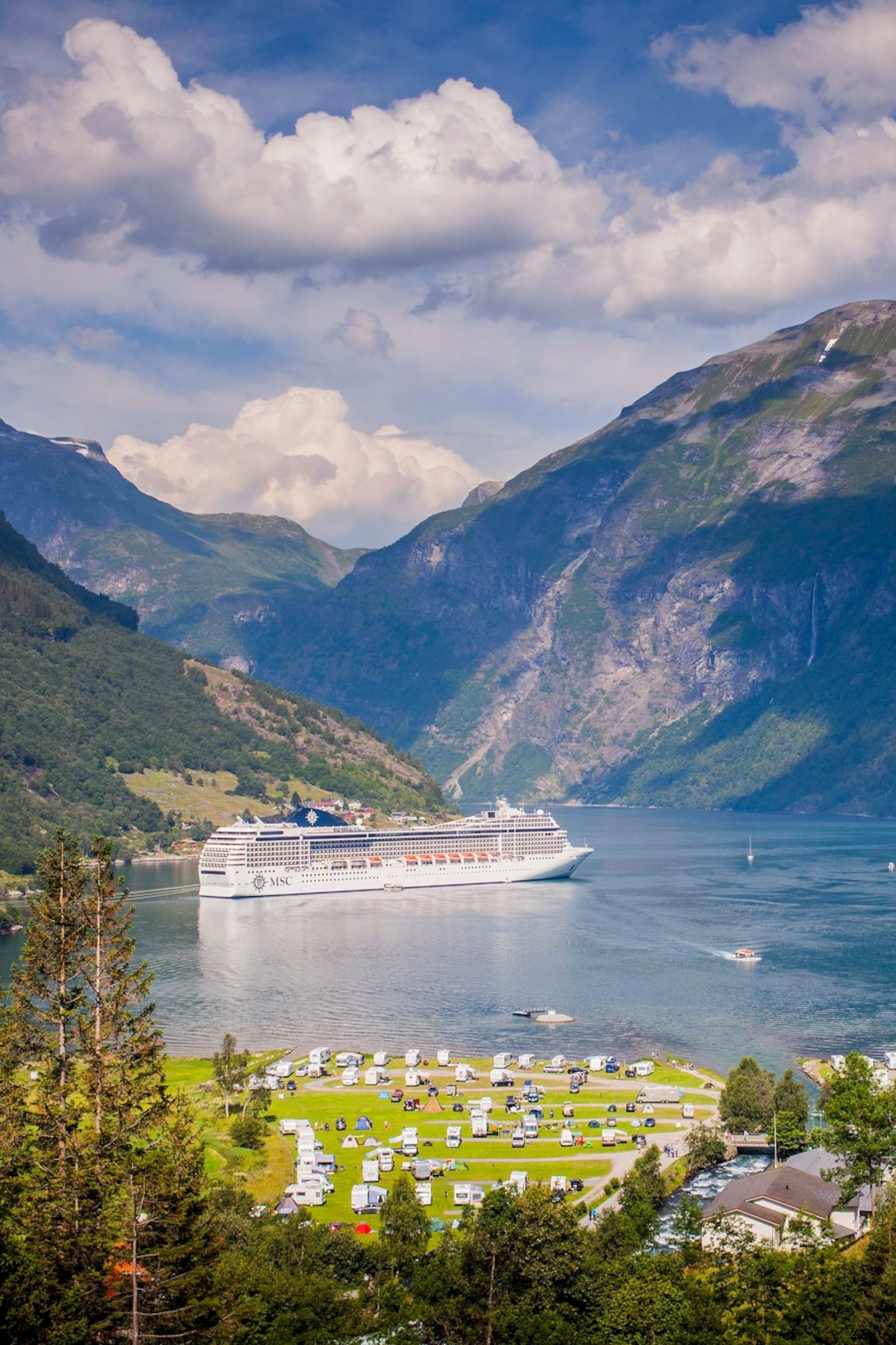 An elevated view of Geiranger and Geiranger fjord
