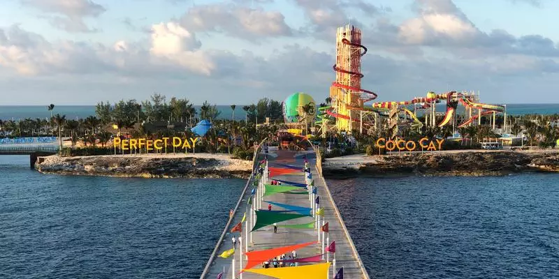 View of CocoCay at sunset from Royal Caribbean ship