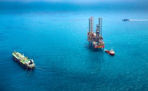 Aerial view of an offshore oil rig platform