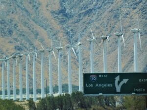 Interstate 10, amid wind turbines at the base of the mountains in the windy area of Palm Springs, California